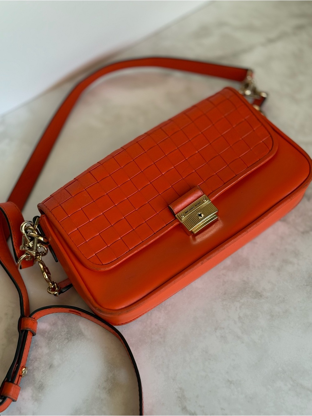 Michael Kors Orange Woven Leather Crossbody Shoulder Bag Gold Hardware